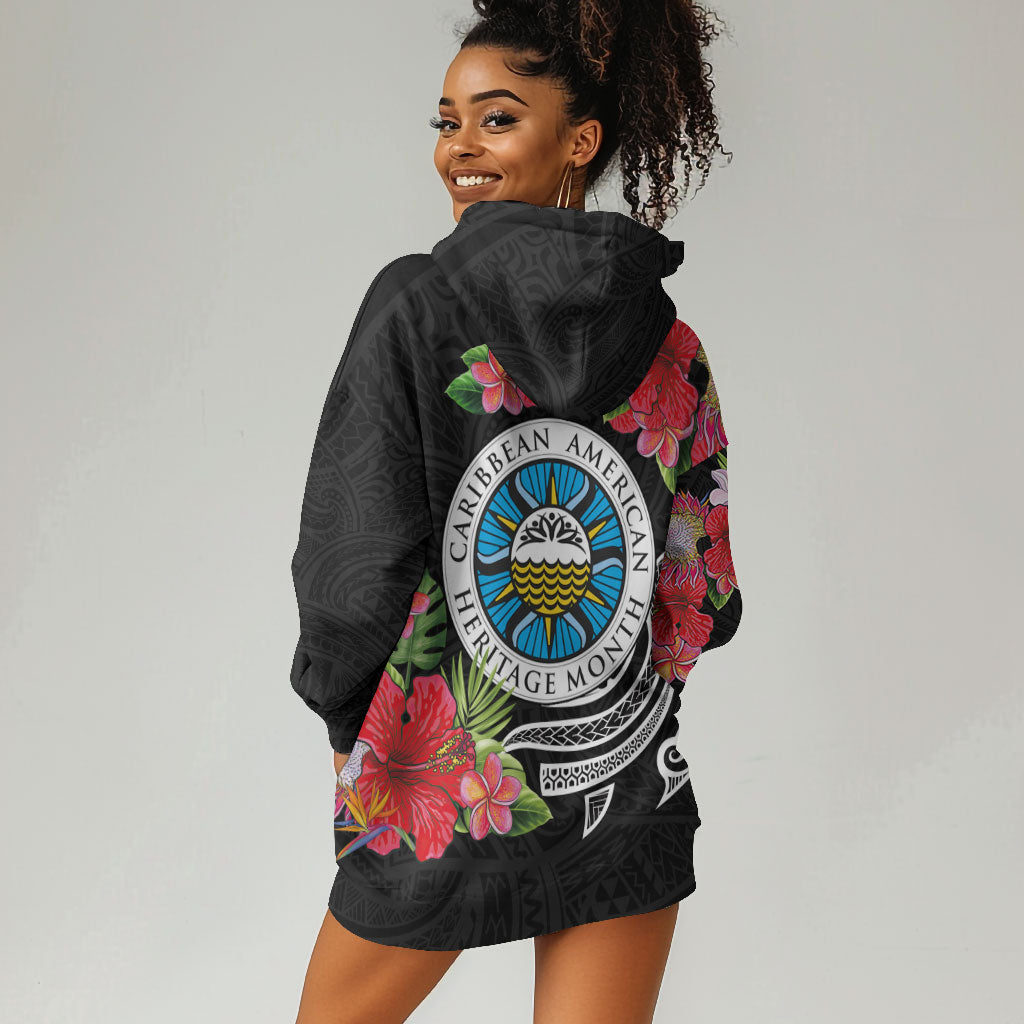 Caribbean American Heritage Month Hoodie Dress Tropical Hibiscus Flower Tribal Tattoo