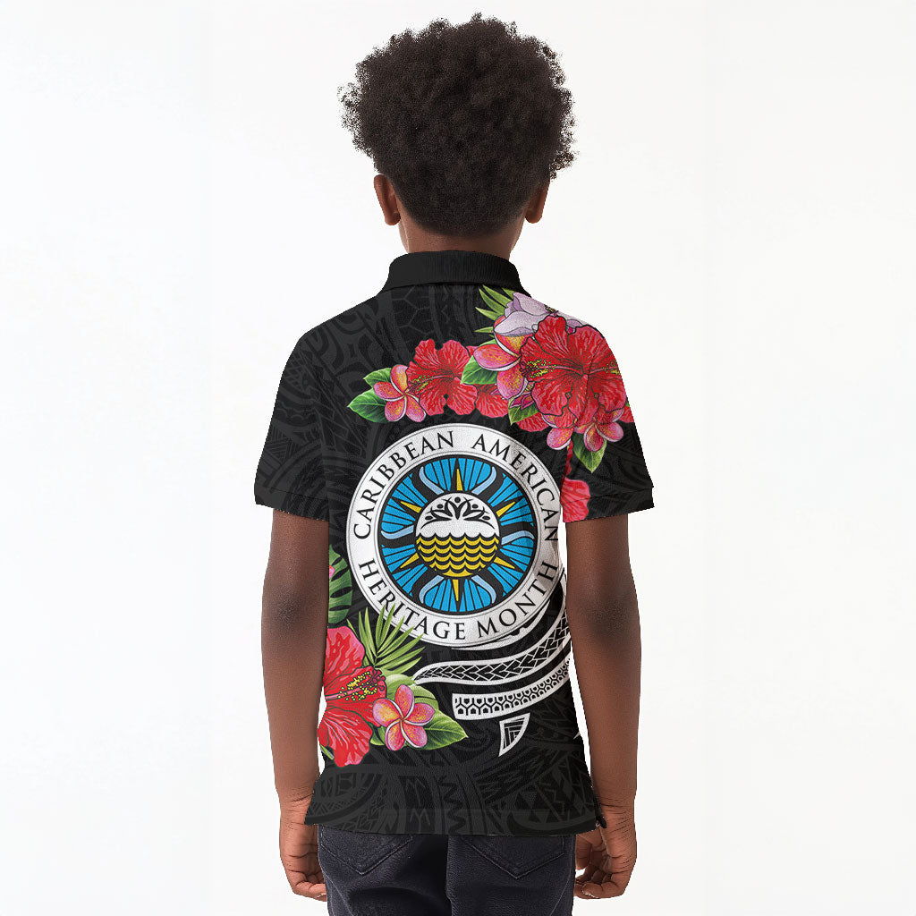 Caribbean American Heritage Month Kid Polo Shirt Tropical Hibiscus Flower Tribal Tattoo