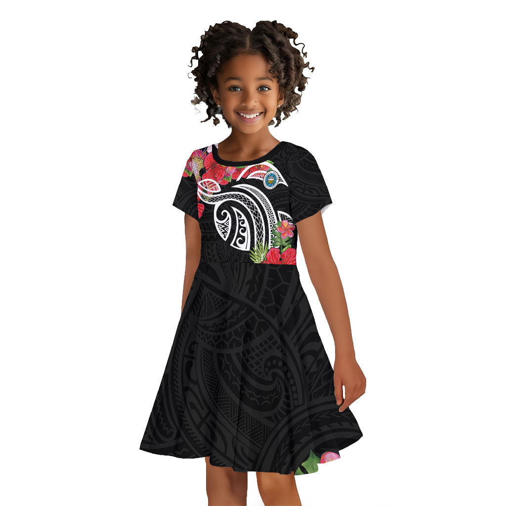 Caribbean American Heritage Month Kid Short Sleeve Dress Tropical Hibiscus Flower Tribal Tattoo