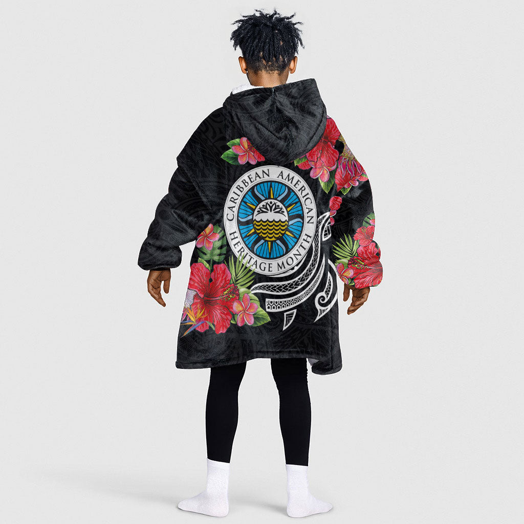 Caribbean American Heritage Month Kid Wearable Blanket Hoodie Tropical Hibiscus Flower Tribal Tattoo