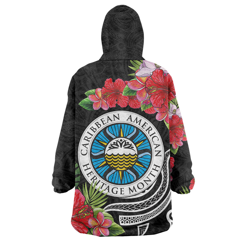 Caribbean American Heritage Month Kid Wearable Blanket Hoodie Tropical Hibiscus Flower Tribal Tattoo