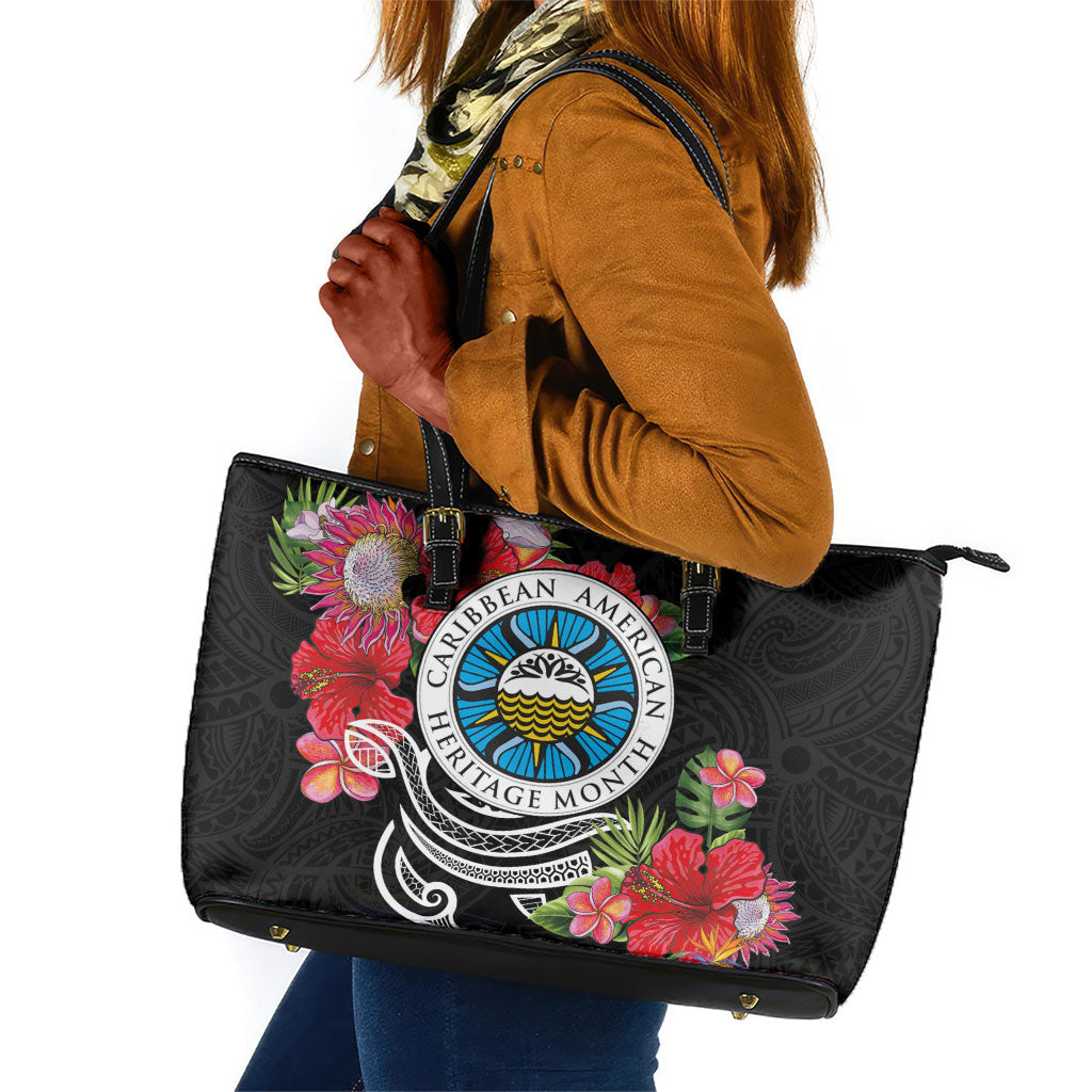 Caribbean American Heritage Month Leather Tote Bag Tropical Hibiscus Flower Tribal Tattoo