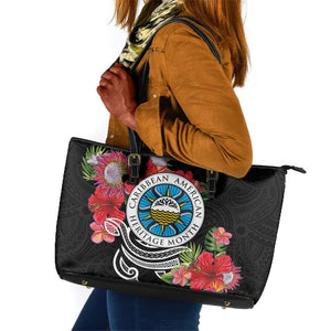 Caribbean American Heritage Month Leather Tote Bag Tropical Hibiscus Flower Tribal Tattoo