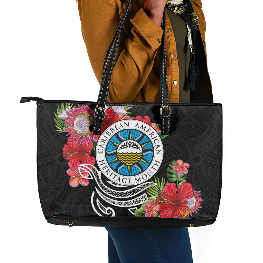 Caribbean American Heritage Month Leather Tote Bag Tropical Hibiscus Flower Tribal Tattoo