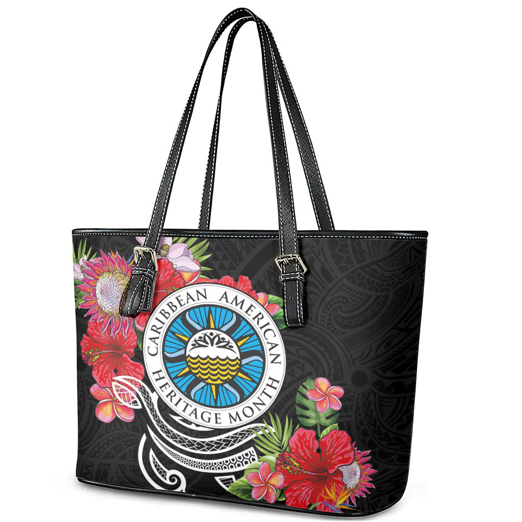 Caribbean American Heritage Month Leather Tote Bag Tropical Hibiscus Flower Tribal Tattoo