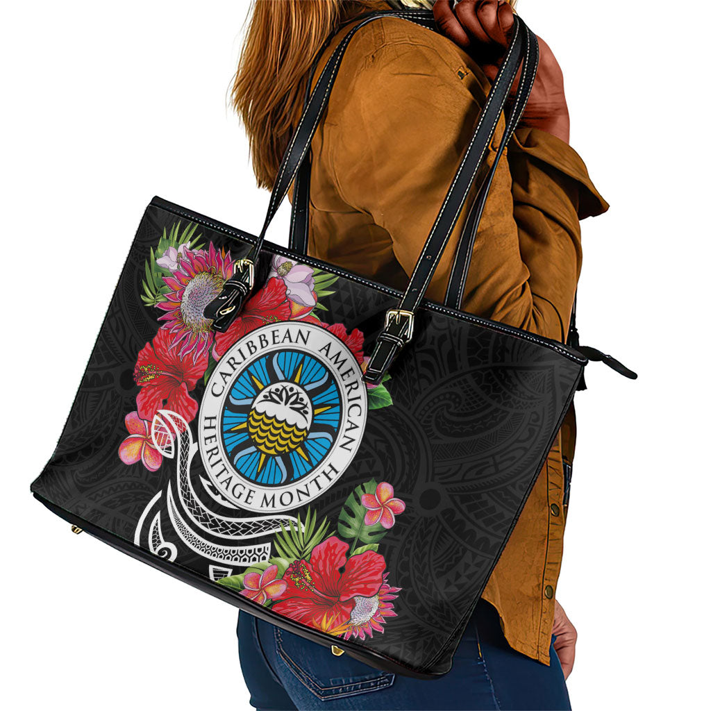 Caribbean American Heritage Month Leather Tote Bag Tropical Hibiscus Flower Tribal Tattoo
