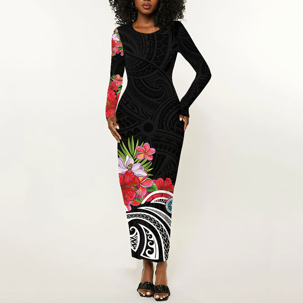 Caribbean American Heritage Month Long Sleeve Bodycon Dress Tropical Hibiscus Flower Tribal Tattoo