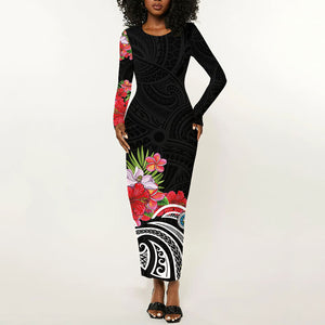 Caribbean American Heritage Month Long Sleeve Bodycon Dress Tropical Hibiscus Flower Tribal Tattoo