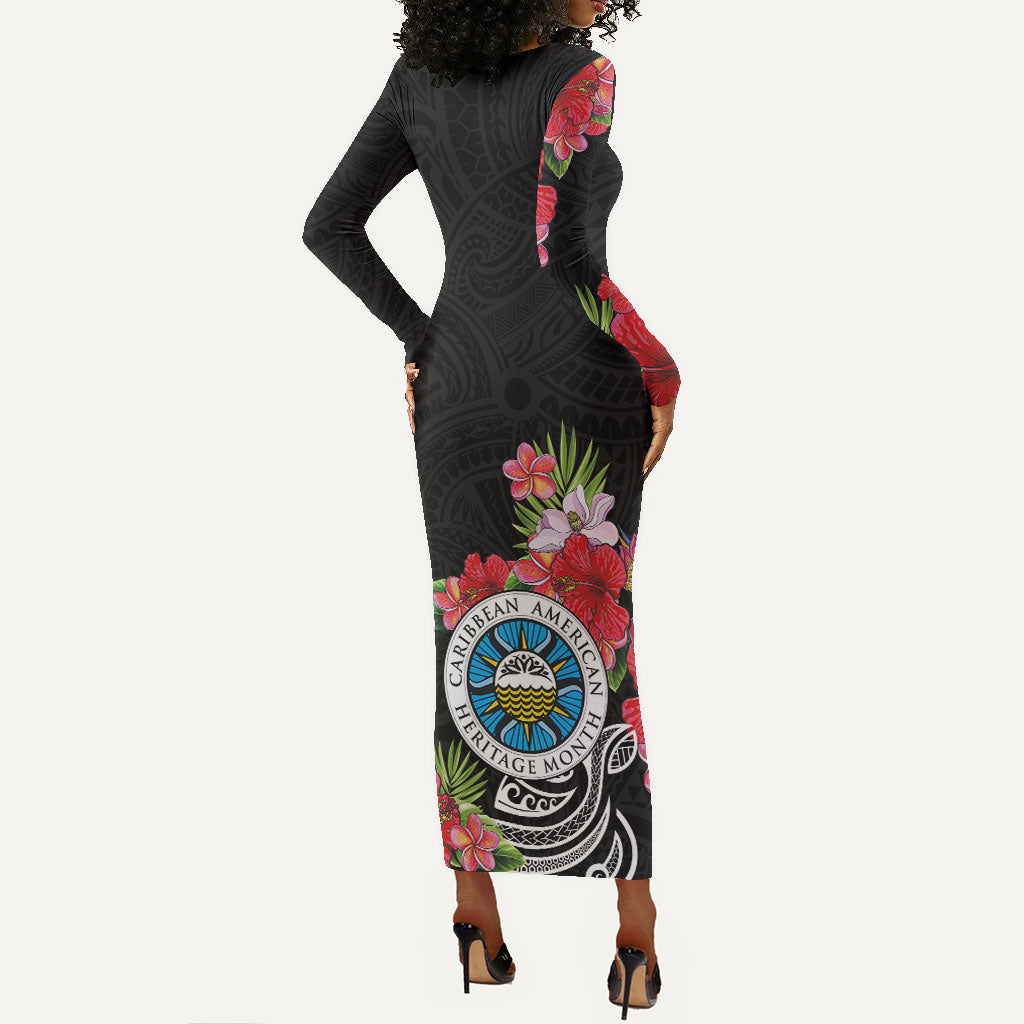 Caribbean American Heritage Month Long Sleeve Bodycon Dress Tropical Hibiscus Flower Tribal Tattoo