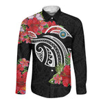 Caribbean American Heritage Month Long Sleeve Button Shirt Tropical Hibiscus Flower Tribal Tattoo