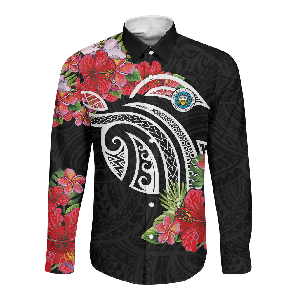 Caribbean American Heritage Month Long Sleeve Button Shirt Tropical Hibiscus Flower Tribal Tattoo