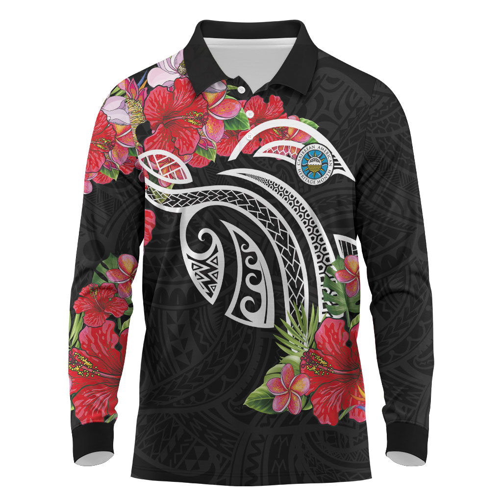Caribbean American Heritage Month Long Sleeve Polo Shirt Tropical Hibiscus Flower Tribal Tattoo