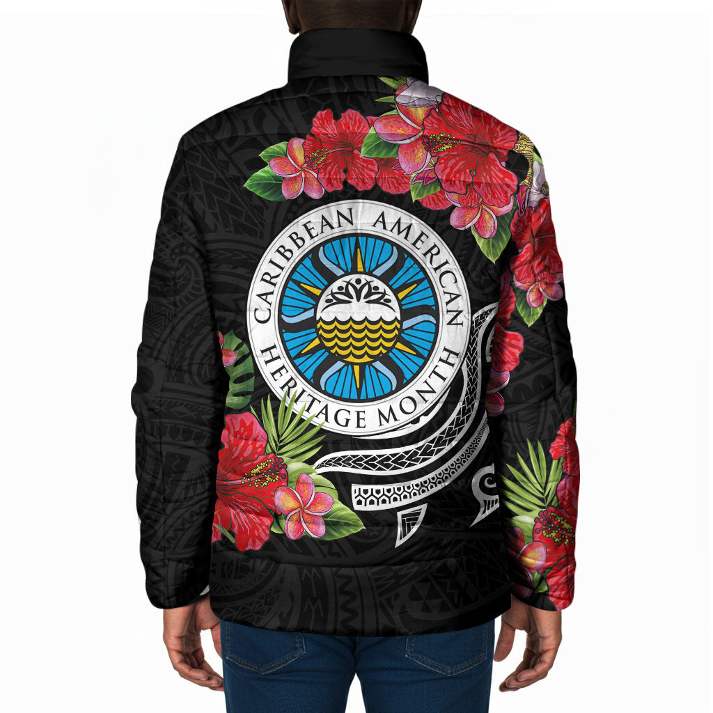 Caribbean American Heritage Month Padded Jacket Tropical Hibiscus Flower Tribal Tattoo