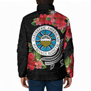 Caribbean American Heritage Month Padded Jacket Tropical Hibiscus Flower Tribal Tattoo
