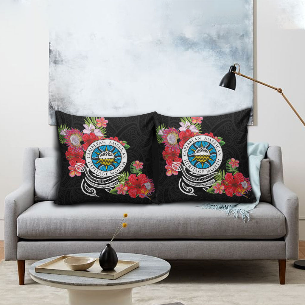 Caribbean American Heritage Month Pillow Cover Tropical Hibiscus Flower Tribal Tattoo