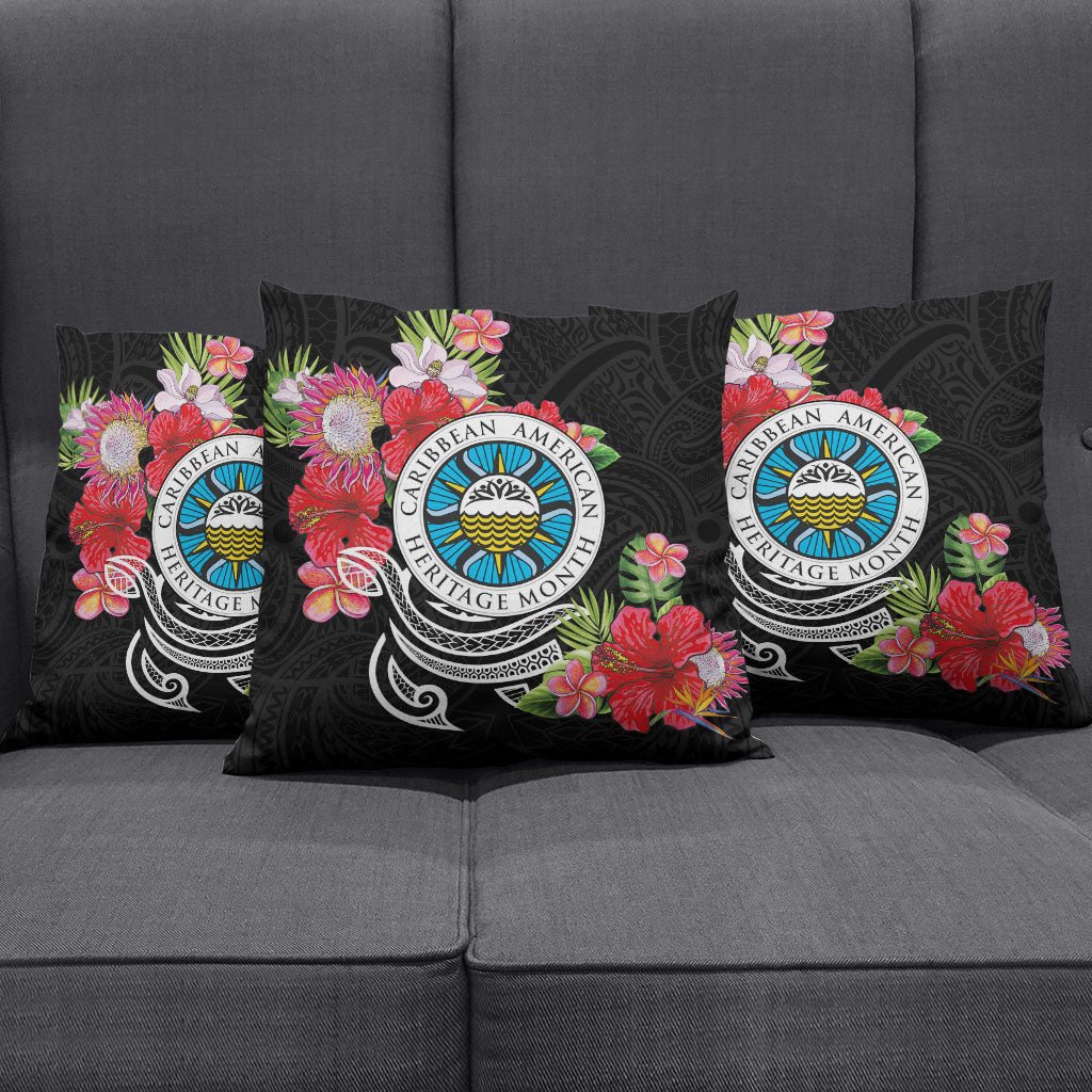 Caribbean American Heritage Month Pillow Cover Tropical Hibiscus Flower Tribal Tattoo