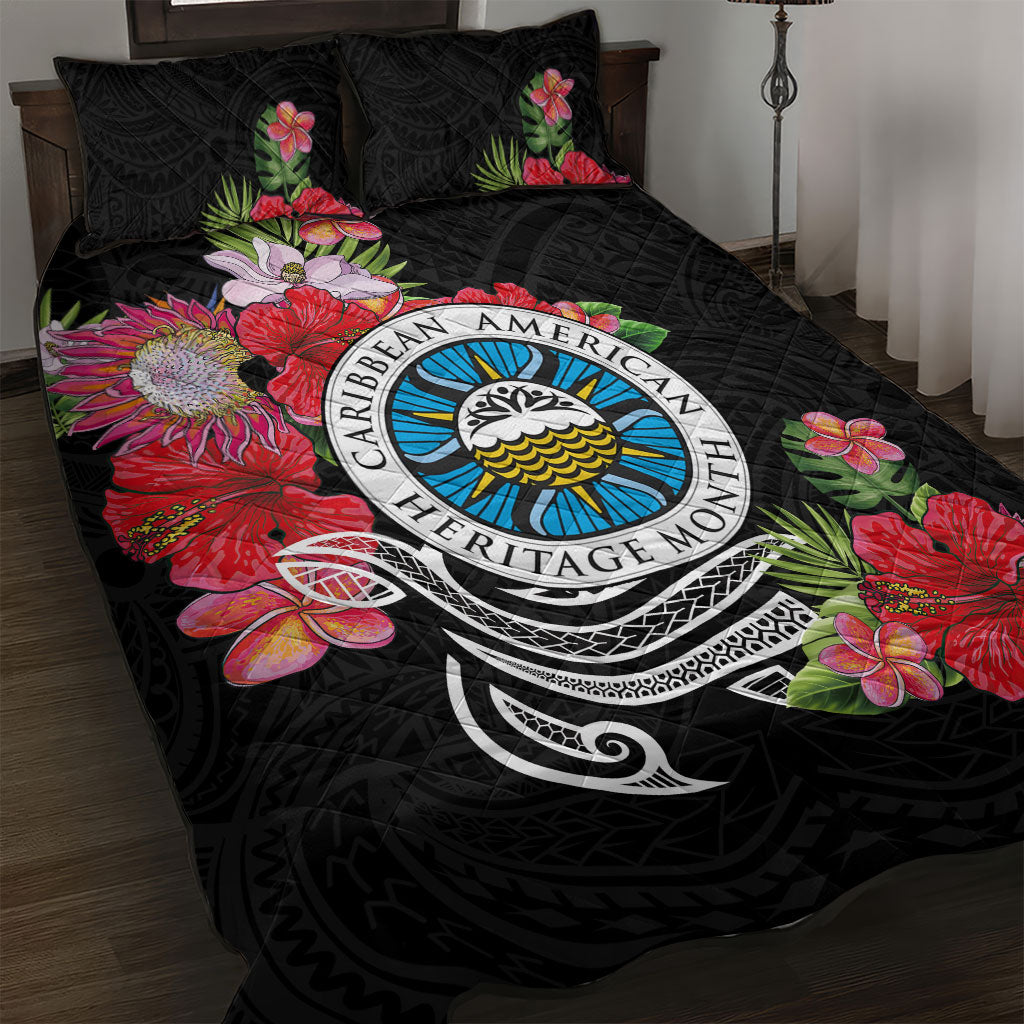 Caribbean American Heritage Month Quilt Bed Set Tropical Hibiscus Flower Tribal Tattoo