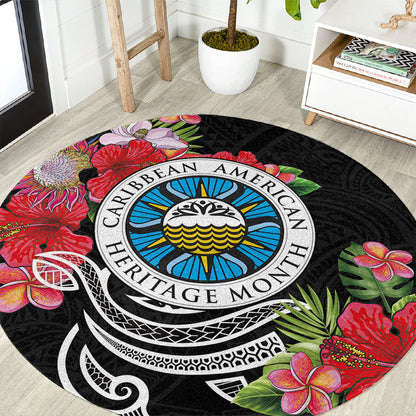 Caribbean American Heritage Month Round Carpet Tropical Hibiscus Flower Tribal Tattoo