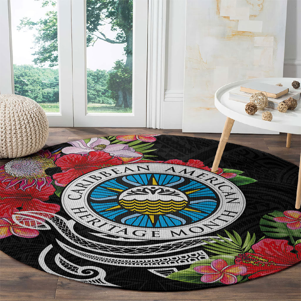 Caribbean American Heritage Month Round Carpet Tropical Hibiscus Flower Tribal Tattoo