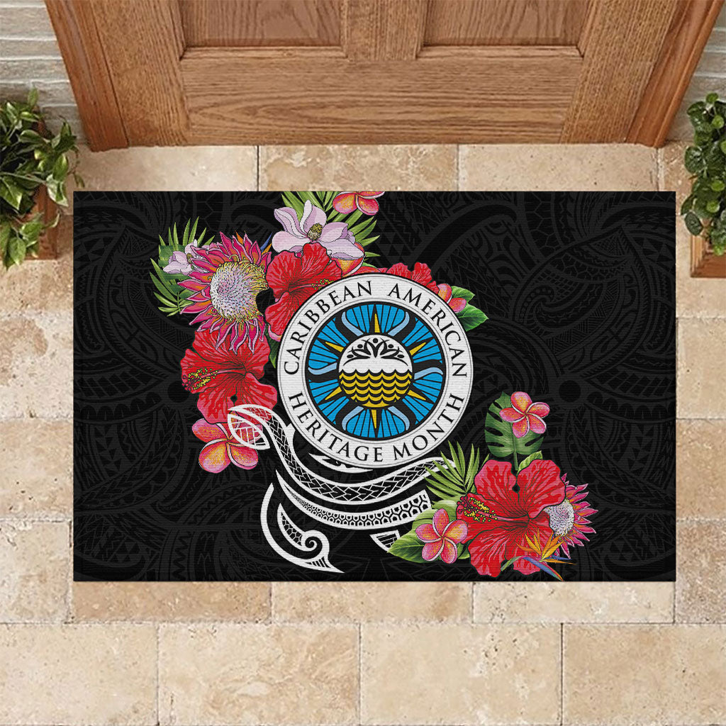 Caribbean American Heritage Month Rubber Doormat Tropical Hibiscus Flower Tribal Tattoo