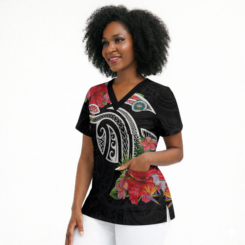 Caribbean American Heritage Month Scrub Top Tropical Hibiscus Flower Tribal Tattoo