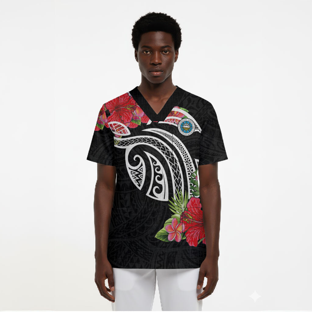 Caribbean American Heritage Month Scrub Top Tropical Hibiscus Flower Tribal Tattoo