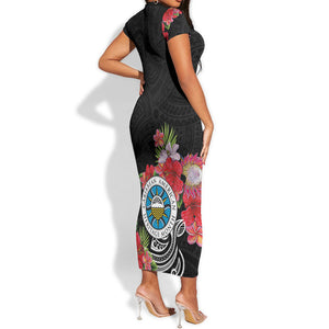Caribbean American Heritage Month Short Sleeve Bodycon Dress Tropical Hibiscus Flower Tribal Tattoo