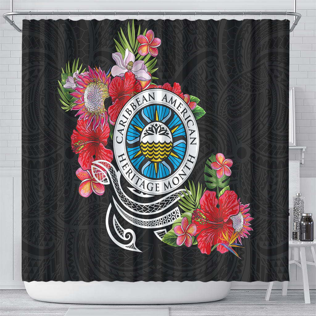 Caribbean American Heritage Month Shower Curtain Tropical Hibiscus Flower Tribal Tattoo