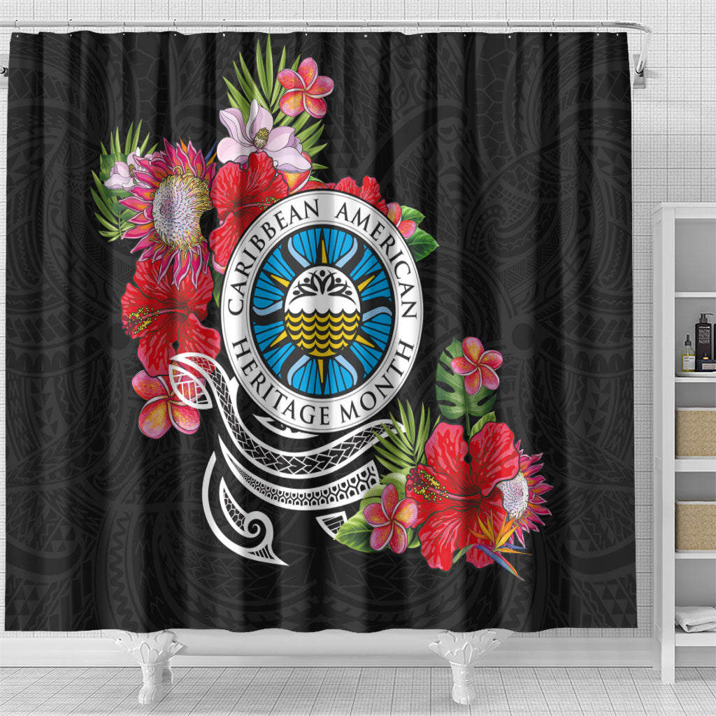 Caribbean American Heritage Month Shower Curtain Tropical Hibiscus Flower Tribal Tattoo
