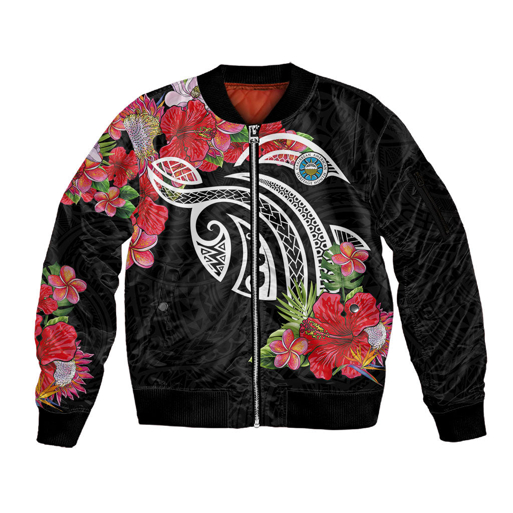 Caribbean American Heritage Month Sleeve Zip Bomber Jacket Tropical Hibiscus Flower Tribal Tattoo