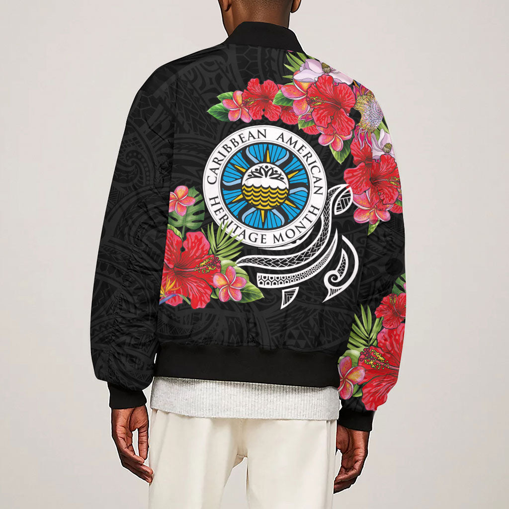 Caribbean American Heritage Month Sleeve Zip Bomber Jacket Tropical Hibiscus Flower Tribal Tattoo