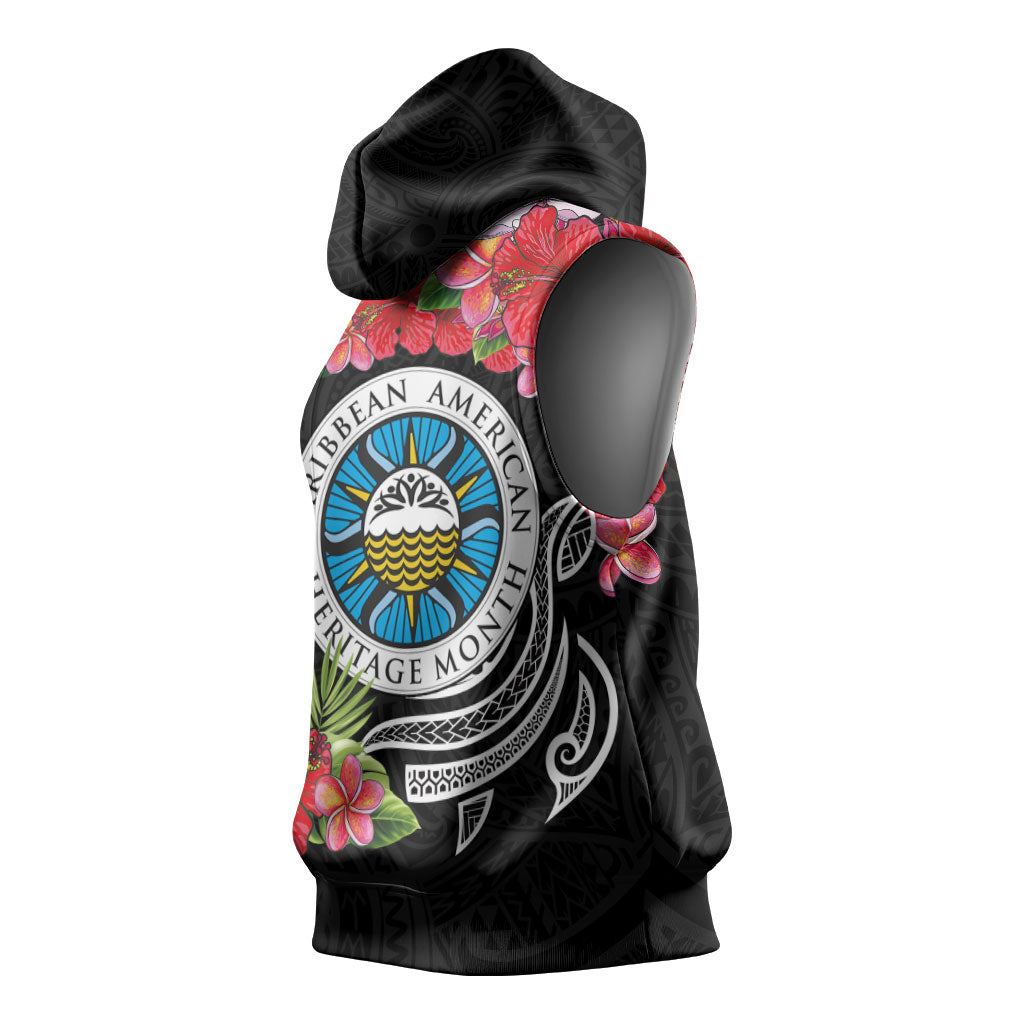 Caribbean American Heritage Month Sleeveless Hoodie Tropical Hibiscus Flower Tribal Tattoo