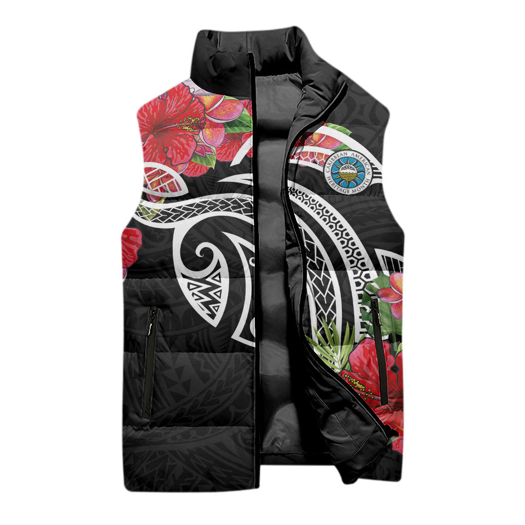 Caribbean American Heritage Month Sleeveless Puffer Jacket Tropical Hibiscus Flower Tribal Tattoo