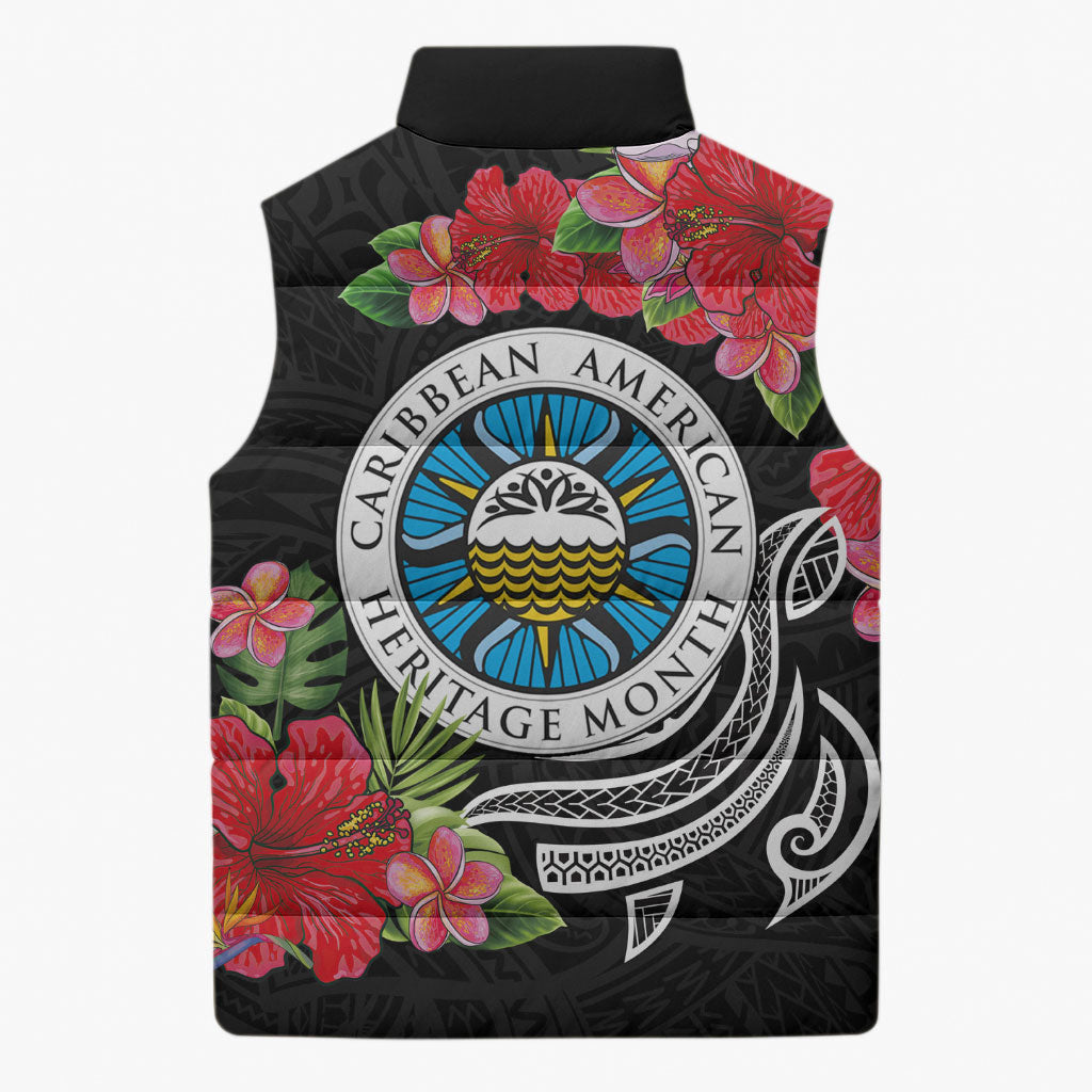 Caribbean American Heritage Month Sleeveless Puffer Jacket Tropical Hibiscus Flower Tribal Tattoo