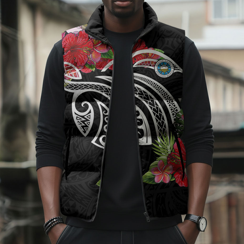 Caribbean American Heritage Month Sleeveless Puffer Jacket Tropical Hibiscus Flower Tribal Tattoo