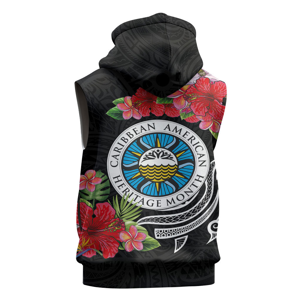 Caribbean American Heritage Month Sleeveless Zip Hoodie Tropical Hibiscus Flower Tribal Tattoo