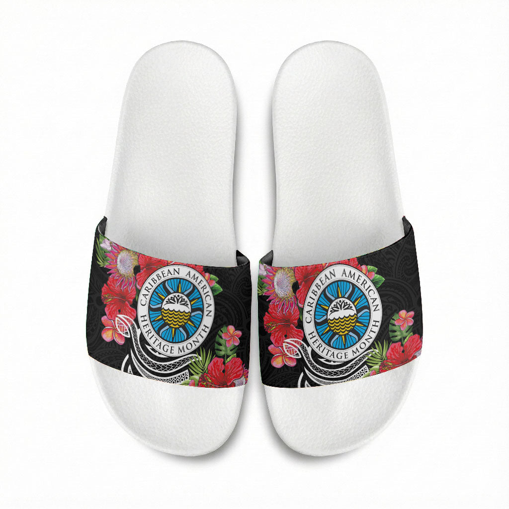 Caribbean American Heritage Month Slide Sandals Tropical Hibiscus Flower Tribal Tattoo