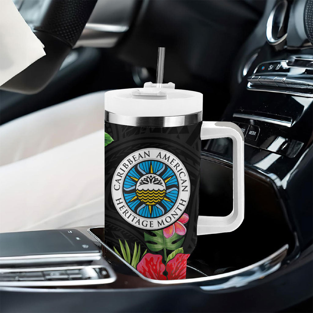 Caribbean American Heritage Month Tumbler With Handle Tropical Hibiscus Flower Tribal Tattoo