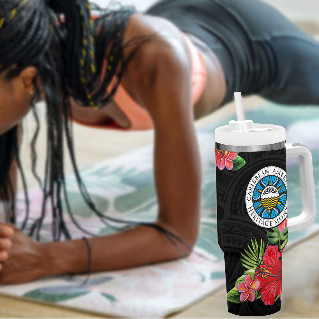 Caribbean American Heritage Month Tumbler With Handle Tropical Hibiscus Flower Tribal Tattoo