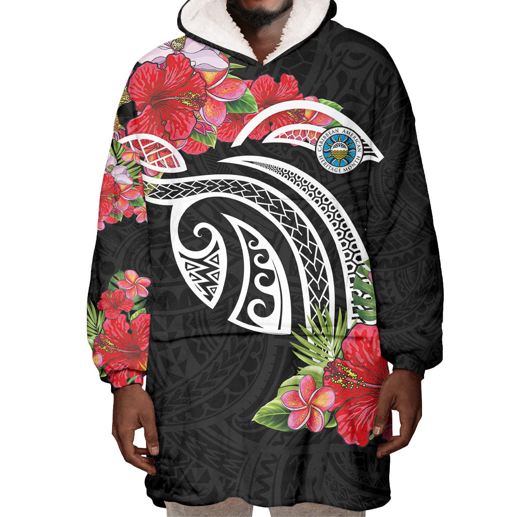 Caribbean American Heritage Month Wearable Blanket Hoodie Tropical Hibiscus Flower Tribal Tattoo