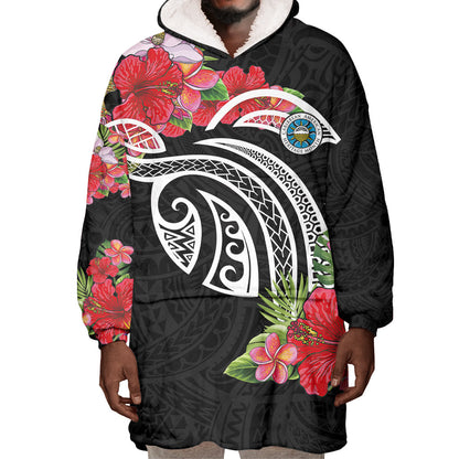 Caribbean American Heritage Month Wearable Blanket Hoodie Tropical Hibiscus Flower Tribal Tattoo
