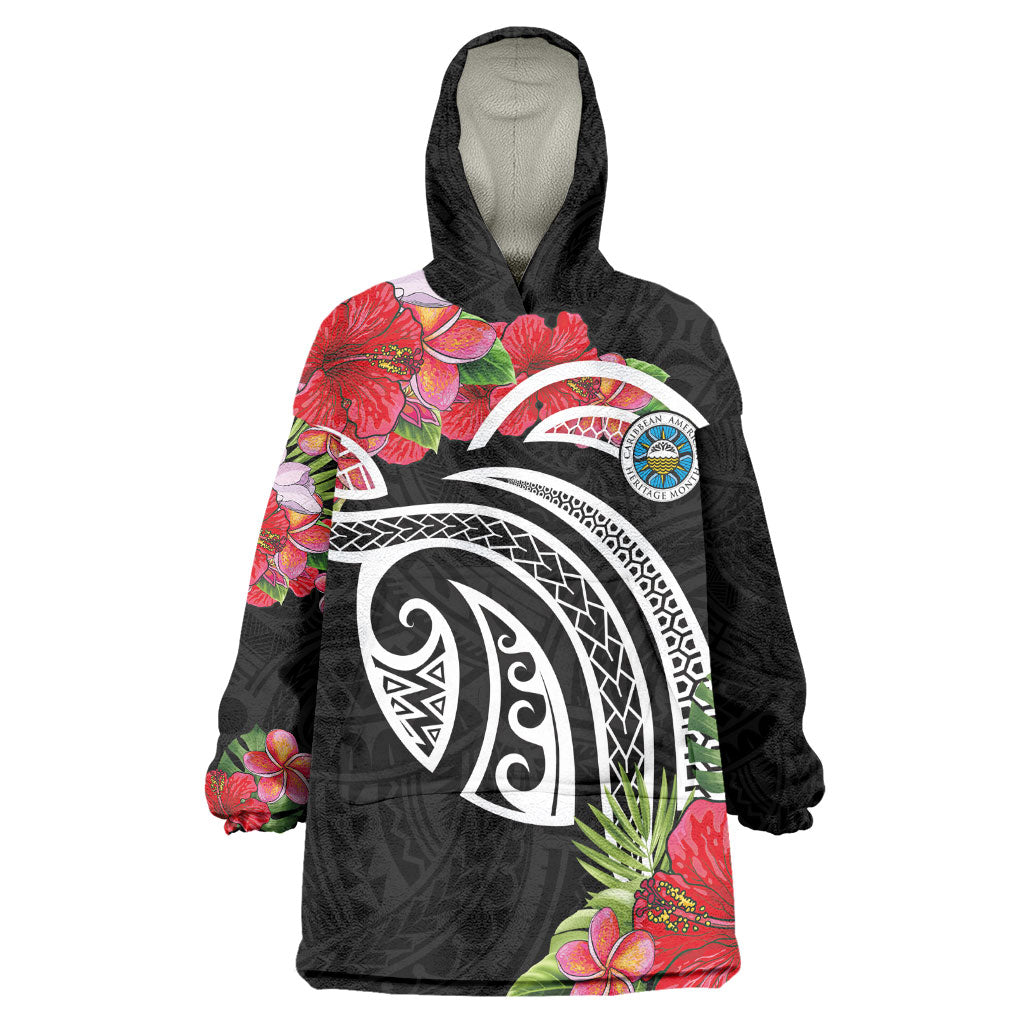 Caribbean American Heritage Month Wearable Blanket Hoodie Tropical Hibiscus Flower Tribal Tattoo