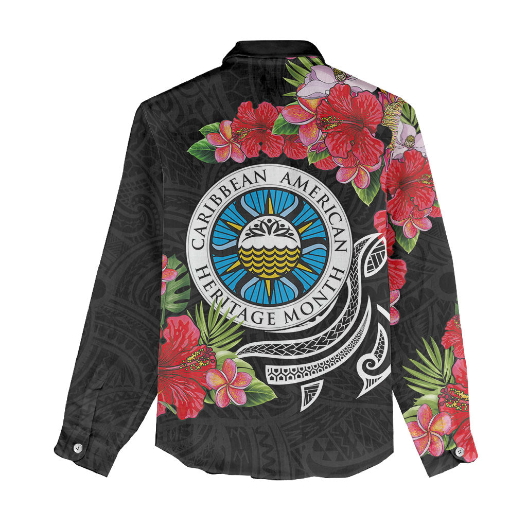 Caribbean American Heritage Month Women Casual Shirt Tropical Hibiscus Flower Tribal Tattoo
