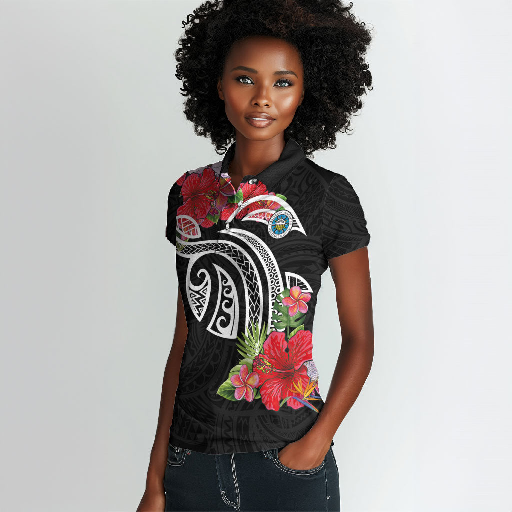 Caribbean American Heritage Month Women Polo Shirt Tropical Hibiscus Flower Tribal Tattoo