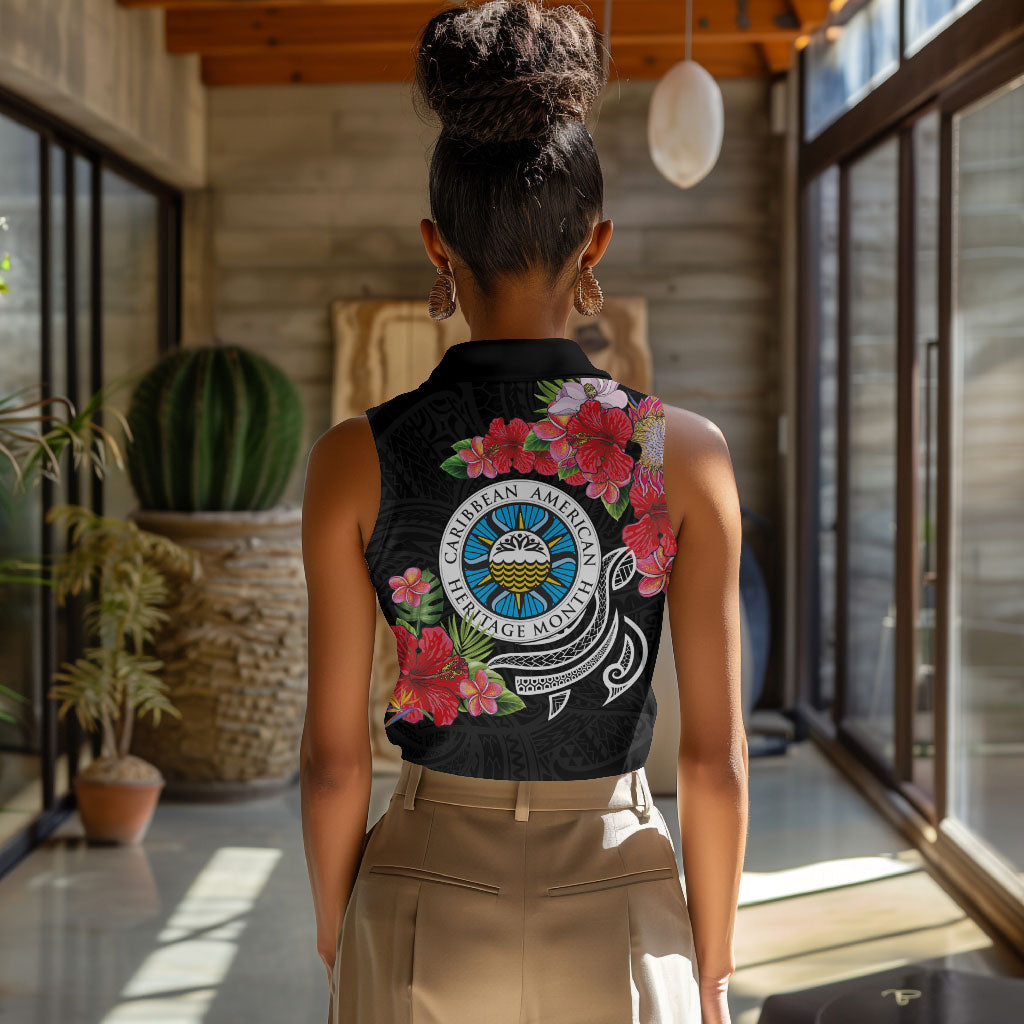 Caribbean American Heritage Month Women Sleeveless Polo Shirt Tropical Hibiscus Flower Tribal Tattoo