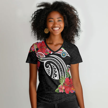 Caribbean American Heritage Month Women V-Neck T-Shirt Tropical Hibiscus Flower Tribal Tattoo