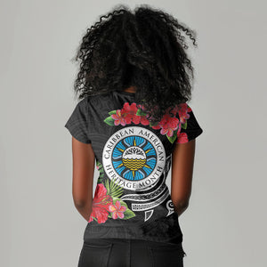 Caribbean American Heritage Month Women V-Neck T-Shirt Tropical Hibiscus Flower Tribal Tattoo