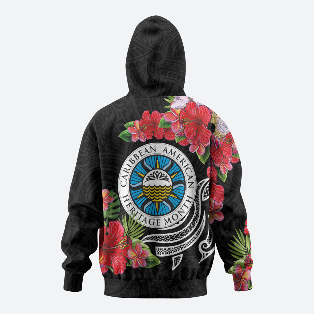 Caribbean American Heritage Month Zip Hoodie Tropical Hibiscus Flower Tribal Tattoo