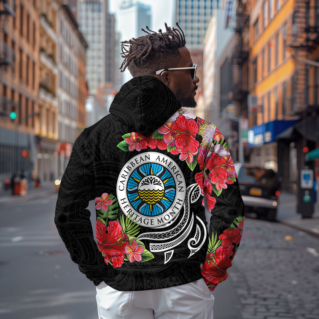 Caribbean American Heritage Month Zip Hoodie Tropical Hibiscus Flower Tribal Tattoo