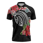 Caribbean American Heritage Month Zipper Polo Shirt Tropical Hibiscus Flower Tribal Tattoo